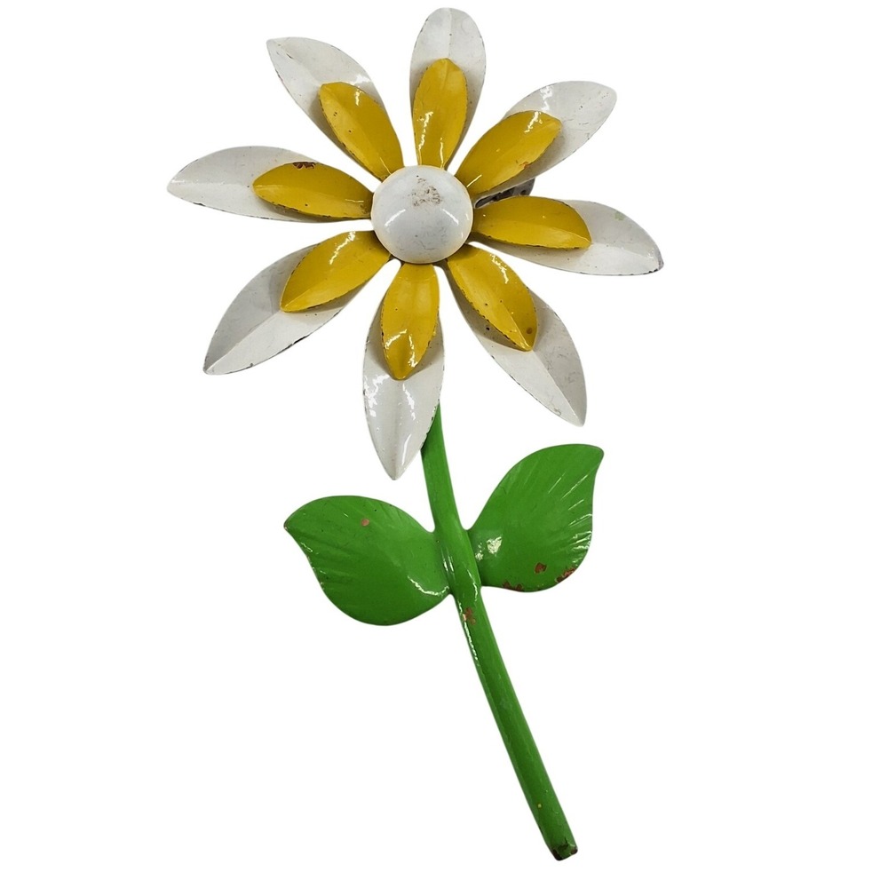Vintage 60s Mod Enamel Daisy Brooch White Yellow Flower‎ Power Statement Pin 3"